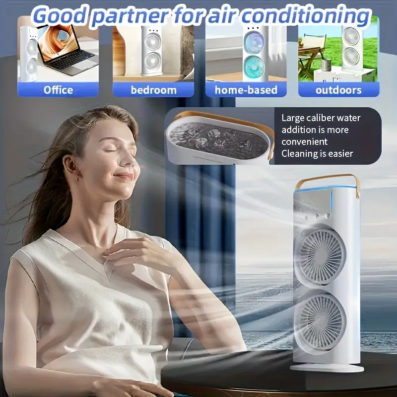 مروحة تبريد محمولة ثنائية المروحة برذاذ ماء – ثلاث سرعات، إضاءة LED ملونة